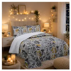 COMPRAPO - Cubrecama Quilt Sherpa King Modelo Hojas Mostaza + 2 Fundas