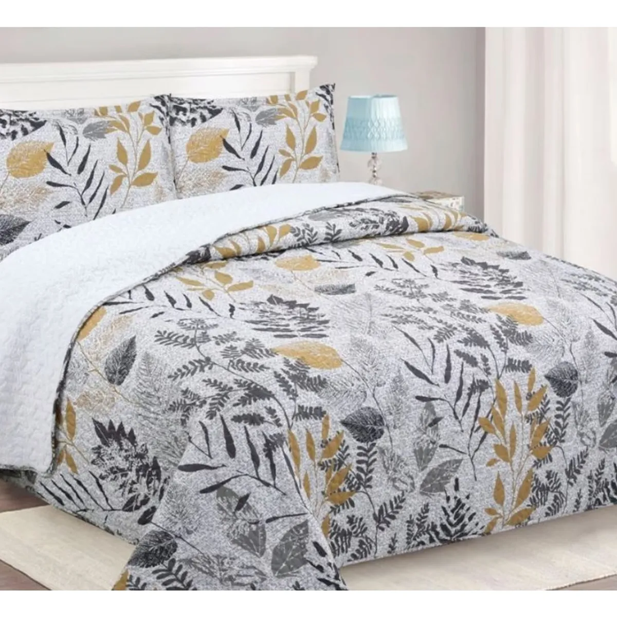 COMPRAPO - Cubrecama Quilt Sherpa King Modelo Hojas Mostaza + 2 Fundas