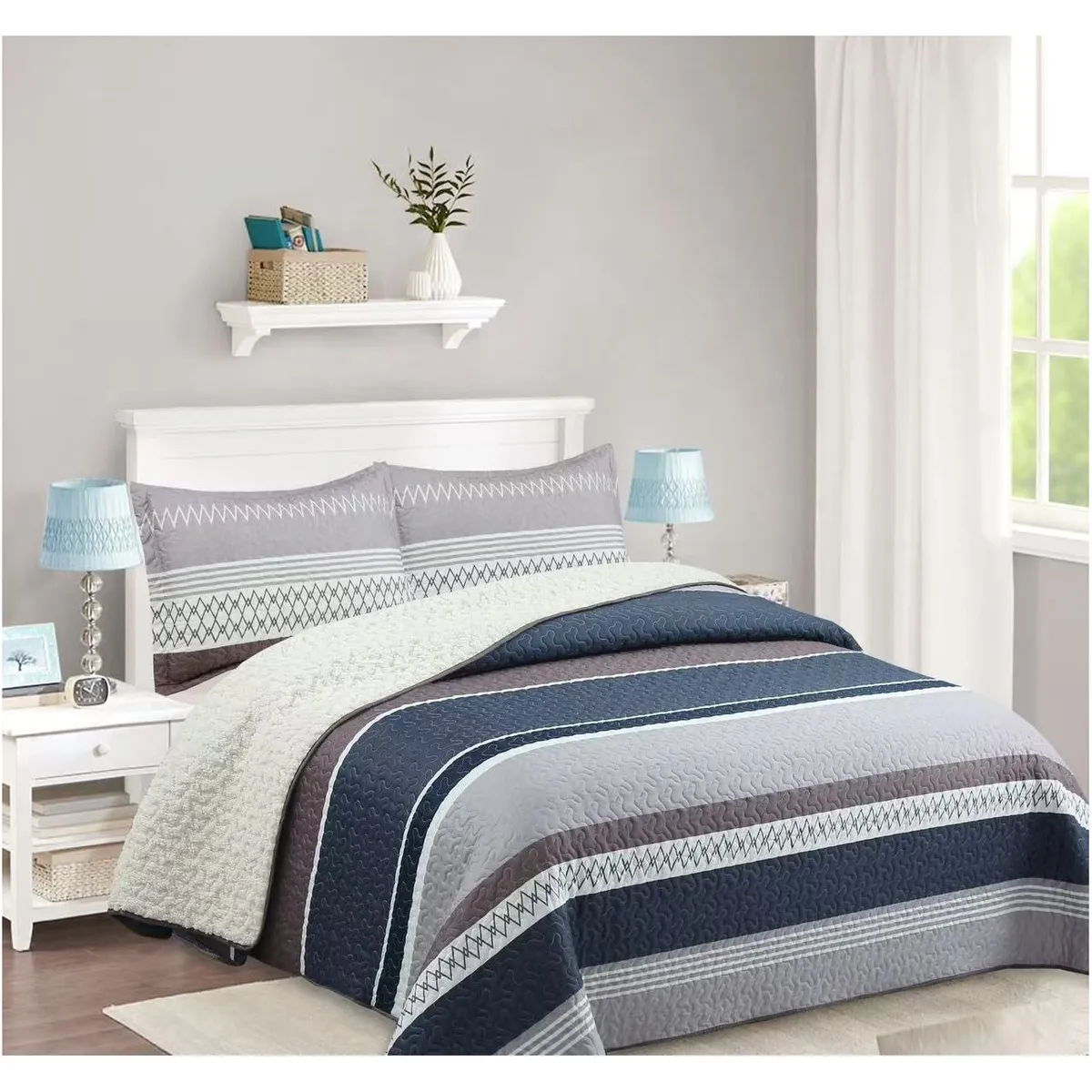 COMPRAPO - Cubrecama Quilt Sherpa King Modelo Urban Gray and Blue + 2 Fundas