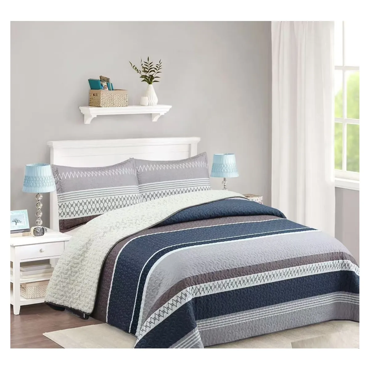 COMPRAPO - Cubrecama Quilt Sherpa King Modelo Urban Gray and Blue + 2 Fundas