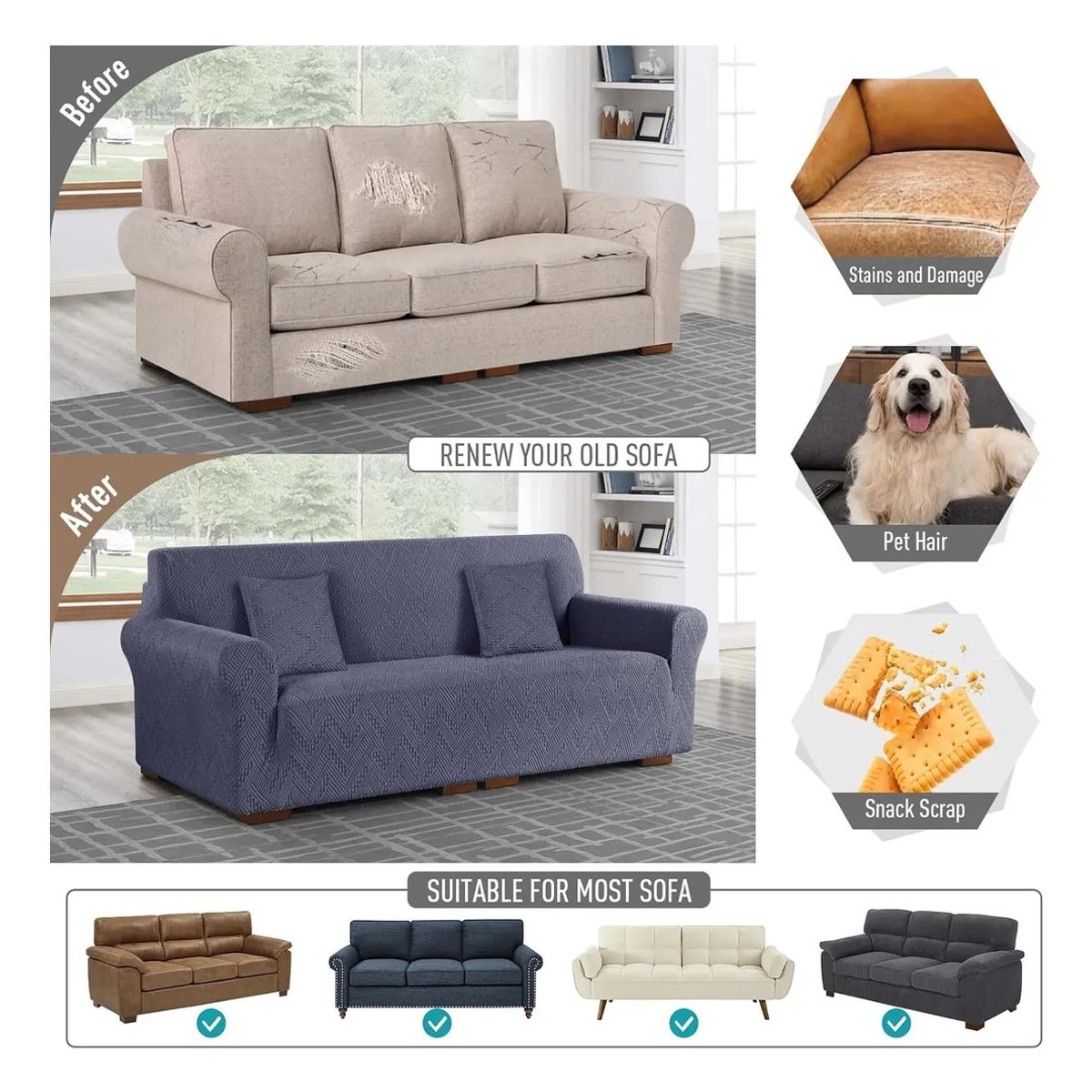 EVERSO - Funda Protectora Para Sofá Cubre Sillón 3 Cuerpos Premium Azul Acero