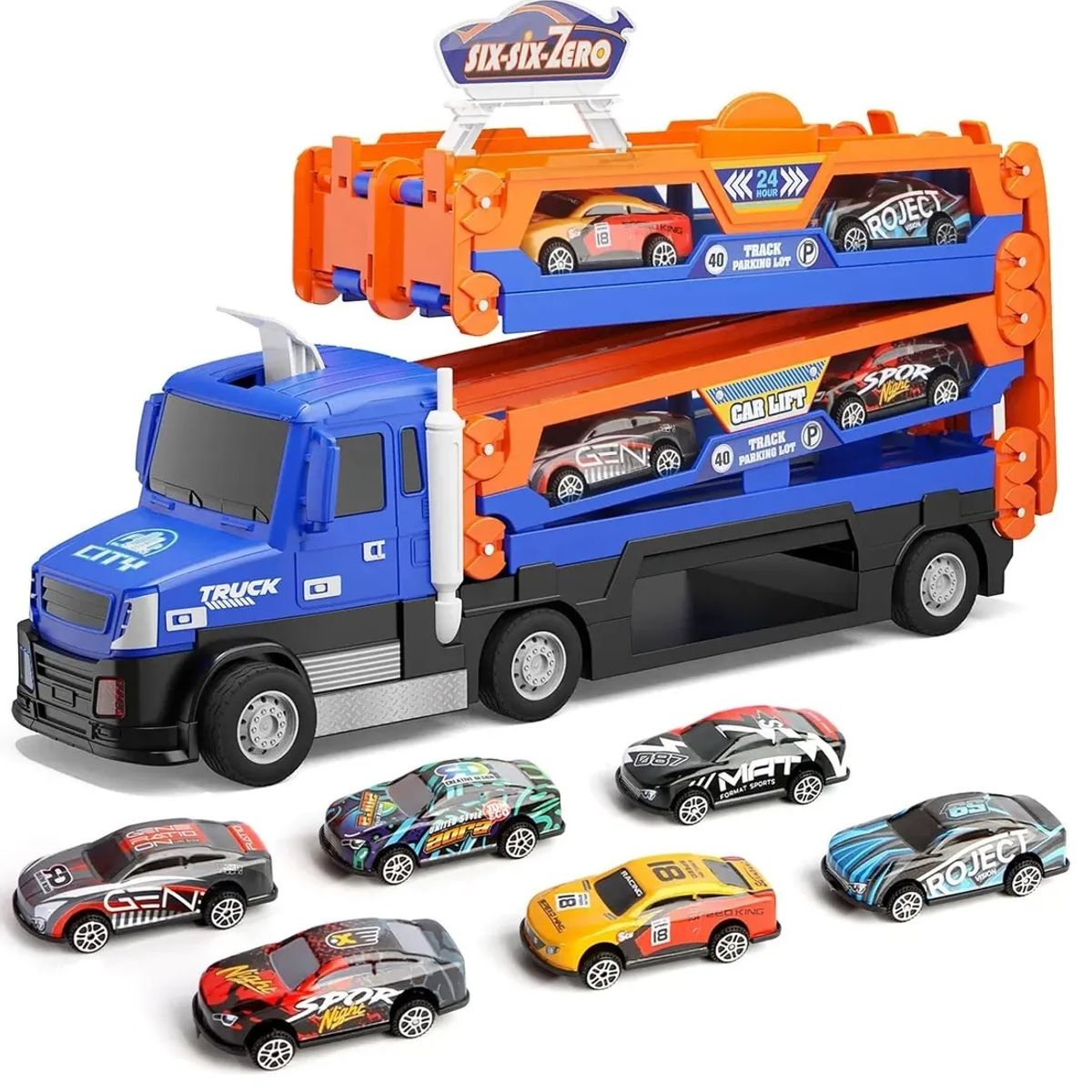 GENERICO - Camion Transportador remolque Six six zero incluye 8 Autos