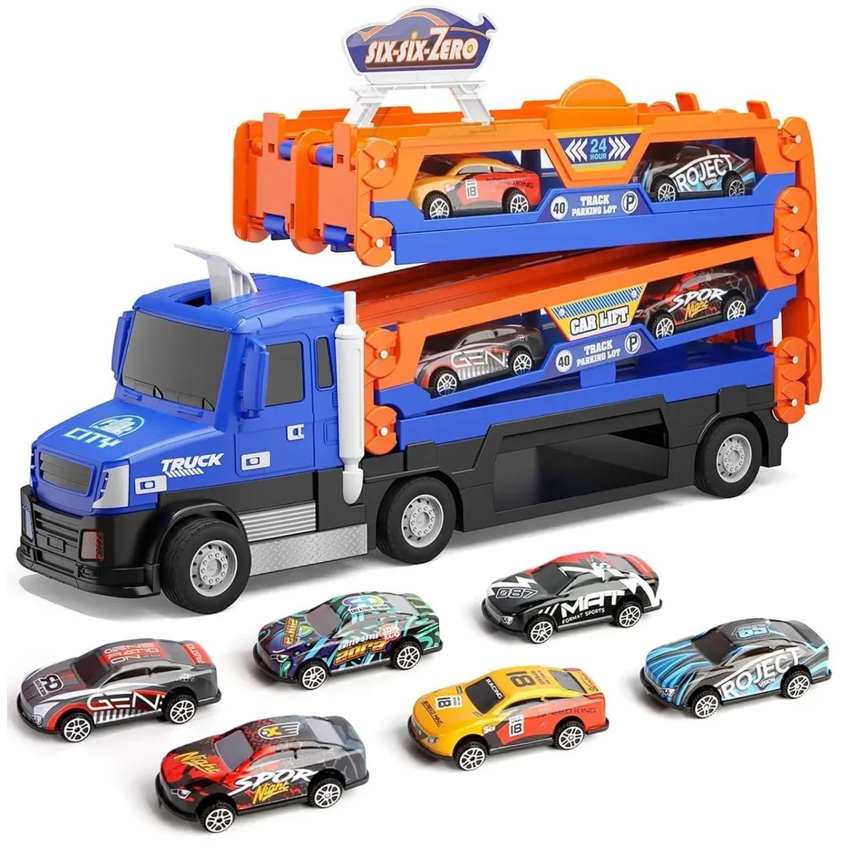 GENERICO - Camion Transportador remolque Six six zero incluye 8 Autos