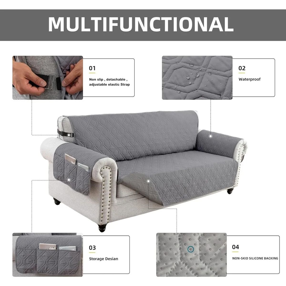 EVERSO - Funda Cubre Sillon Sofá Impermeable Para Gatos 2Cuerpos Gris-2 Cuerpos