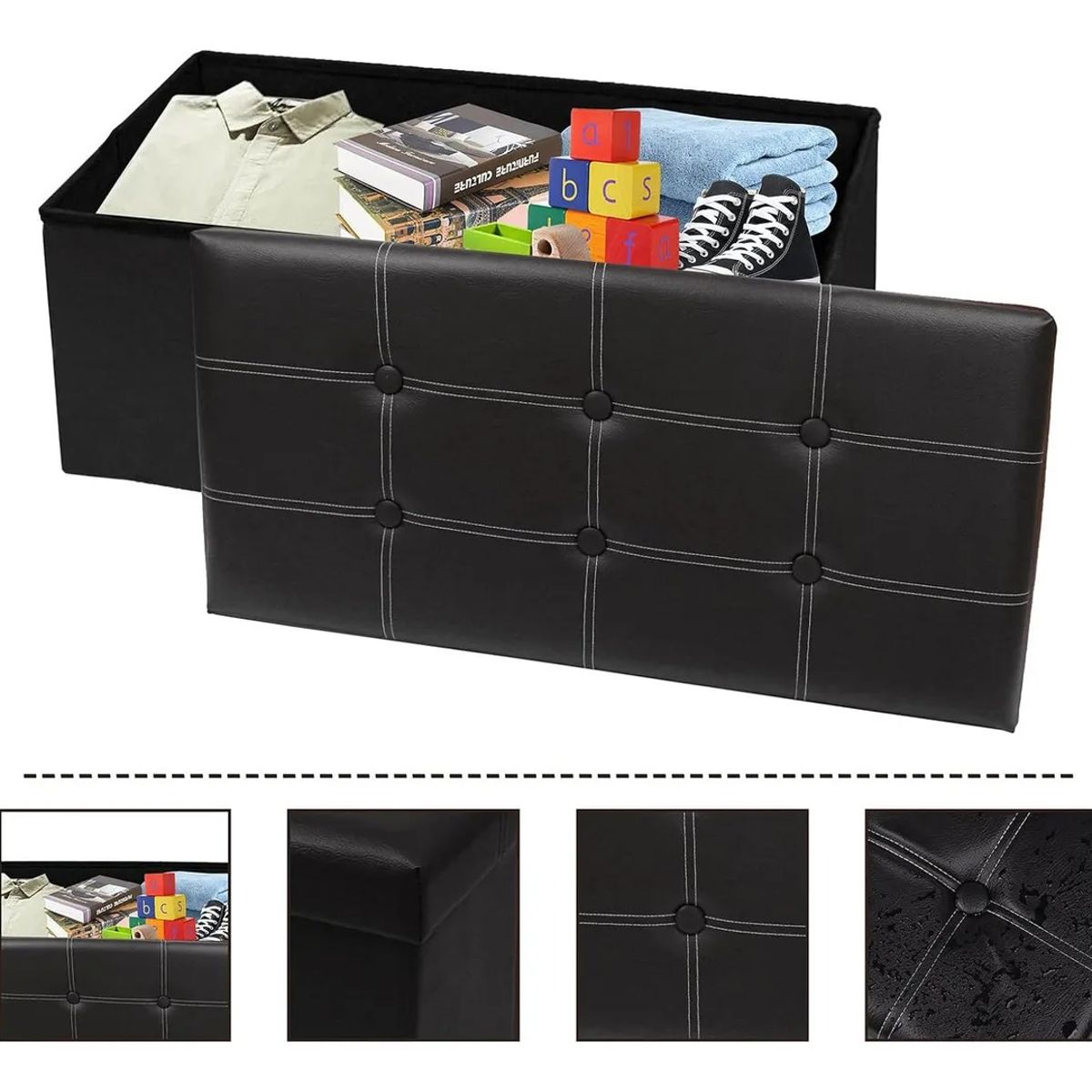 EVERSO - Banqueta Baul Puff Sillon Organizador Plegable 76x38cm Negro