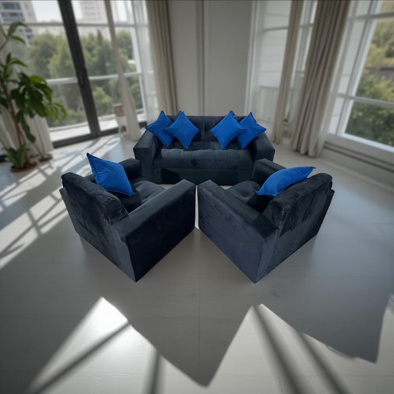 MUEBLES NEW - JUEGO DE LIVING NEGRO FELPA MÁS COJINES