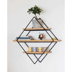 GENERICO - Repisa Colgante Rombo Madera Y Metal Negro Decorativa