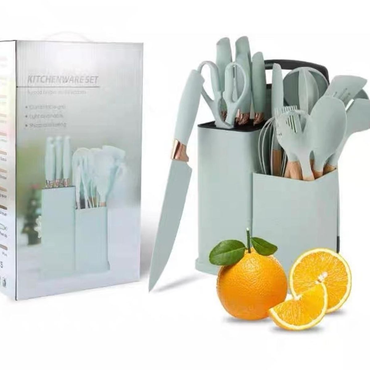 GENERICO - UTENSILIO DE COCINA 19 PIEZAS VERDE MADERA, SILICONA ANTIHADERENTE