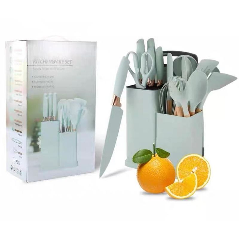 GENERICO - UTENSILIO DE COCINA 19 PIEZAS VERDE MADERA, SILICONA ANTIHADERENTE