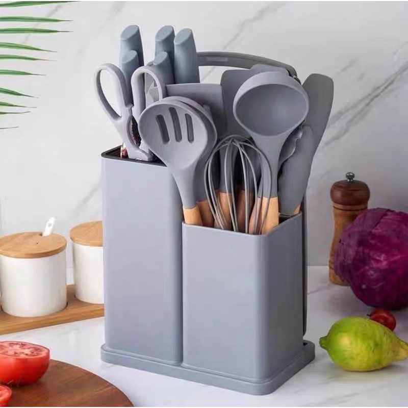 GENERICO - UTENSILIO DE COCINA 19 PIEZAS GRIS MADERA, SILICONA ANTIHADERENTE