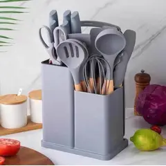 GENERICO - UTENSILIO DE COCINA 19 PIEZAS GRIS MADERA, SILICONA ANTIHADERENTE