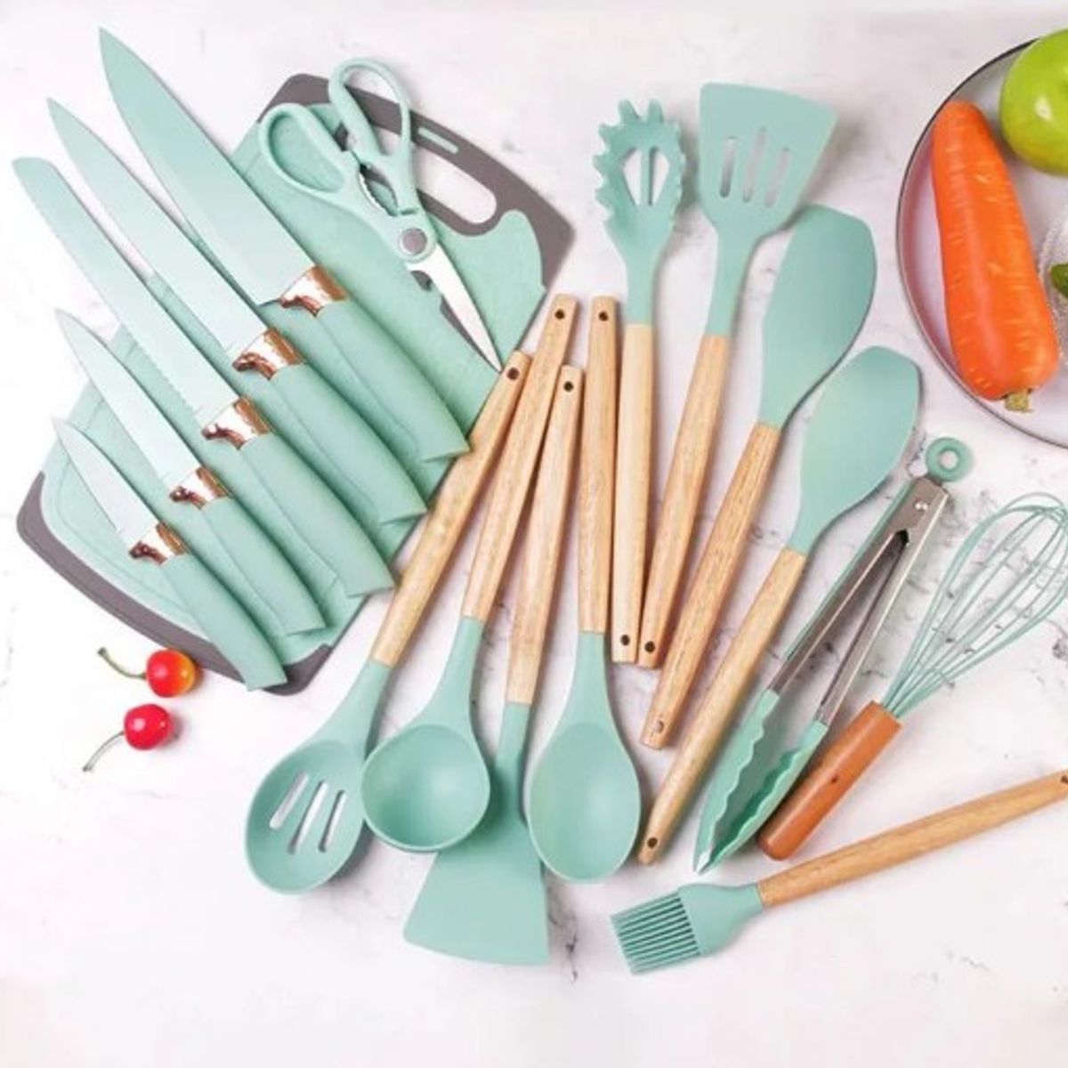 GENERICO - UTENSILIO DE COCINA 19 PIEZAS TURQUESA MADERA, SILICONA ANTIHADERENTE
