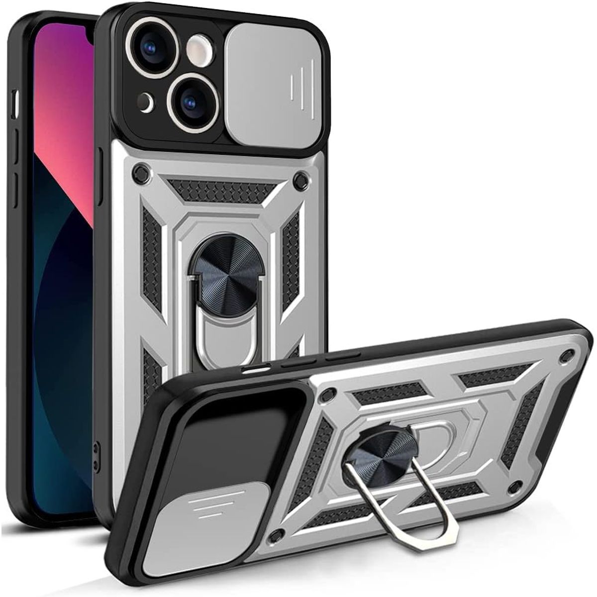 GENERICO - Carcasa Reforzada Con Cubre Cámara Para iPhone 13 - Plateado