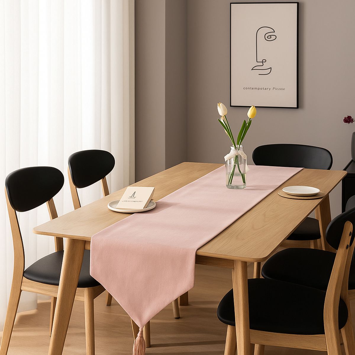 ARMONIA - Camino de mesa lino rosa 180x33 cm con borlas decorativas