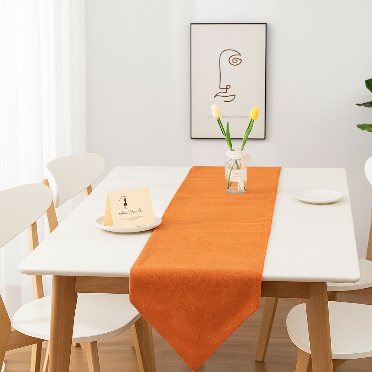 ARMONIA - Camino de mesa lino naranjo 180x33 cm con borlas decorativas