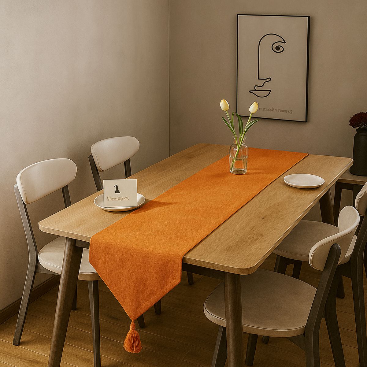 ARMONIA - Camino de mesa lino naranjo 180x33 cm con borlas decorativas