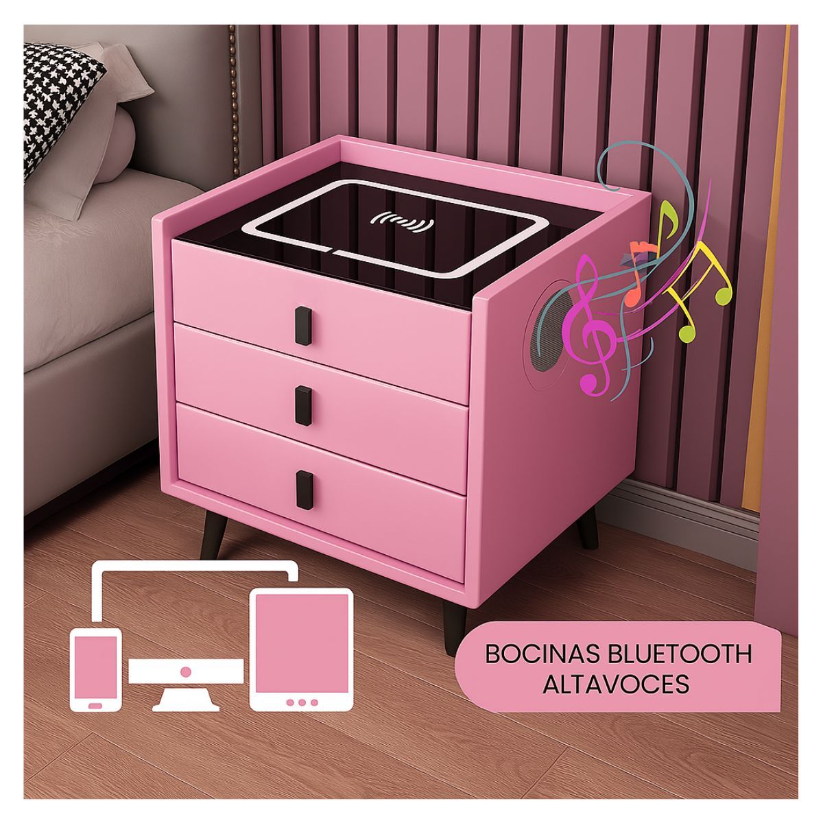 TODODESCUENTO - Velador Smart 2.0 Carga Inalámbrica Parlante Luz- Rosado