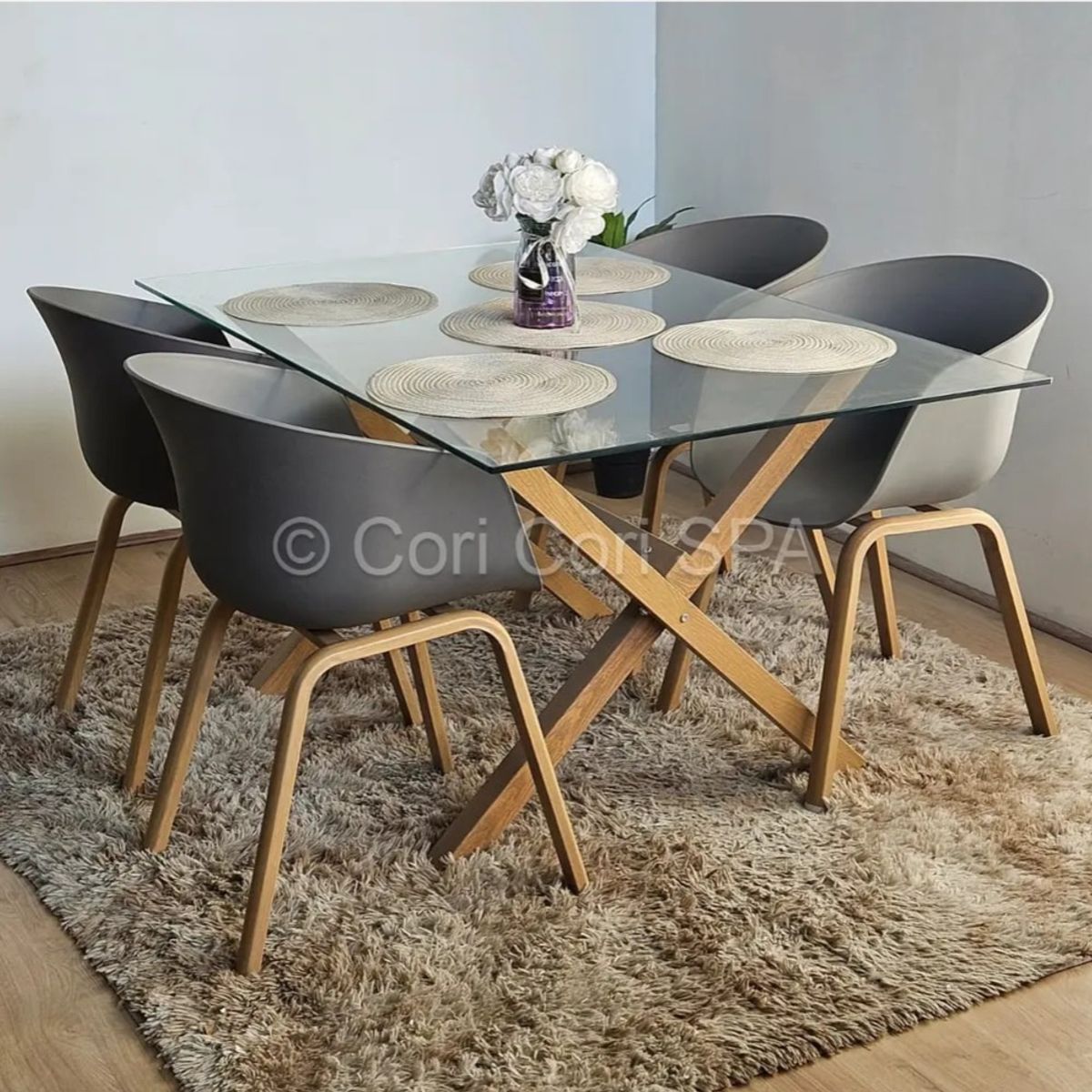 CORI CORI - Comedor Medlock Vidrio 120x80cm + 4 Sillas Cup Gris