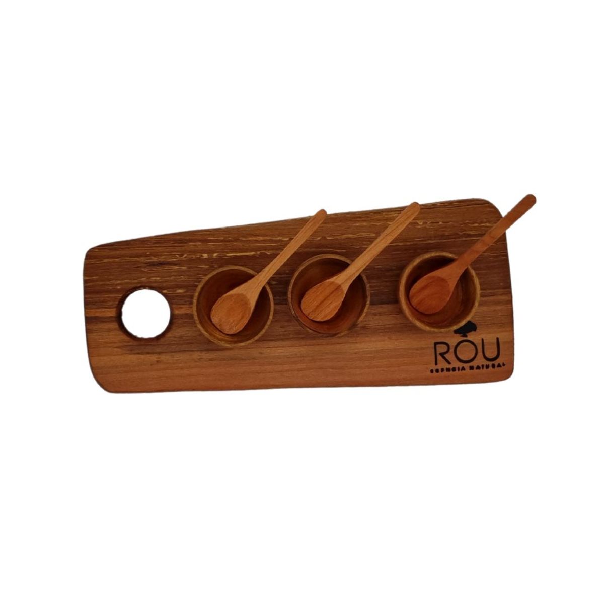 ROU ESENCIA NATURAL - Tabla con pocillos 28 cm. x 12 cm. y cucharas de raulí ROU