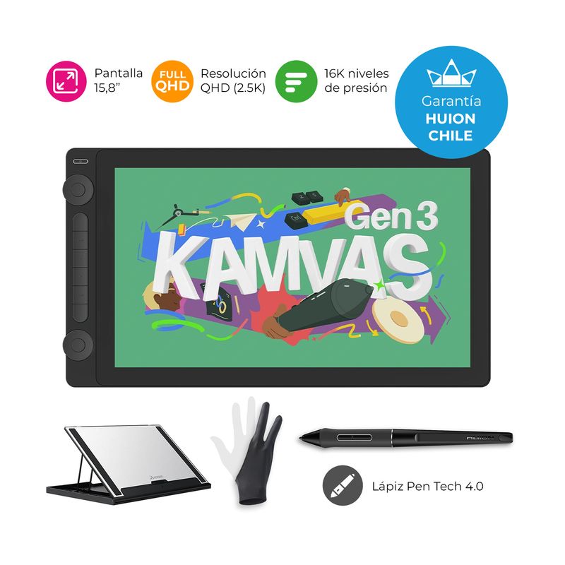 HUION - Tableta Gráfica Monitor Huion Kamvas 16 (Gen 3) Doble Dial + Stand -TG