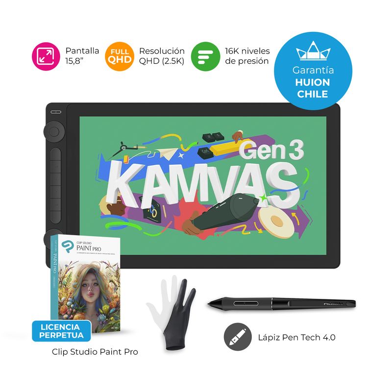 HUION - Tableta Gráfica Monitor Huion Kamvas 16 (Gen 3) 2Dial + Clip Studio-TG