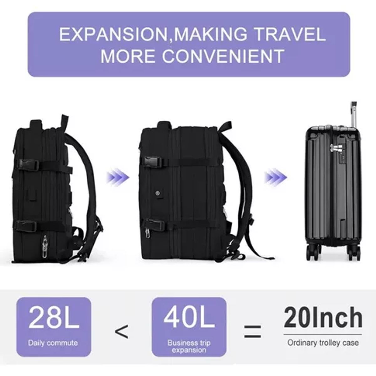 GENERICO - Mochila expandibleviaje multiuso impermeable cabina avión color negro.