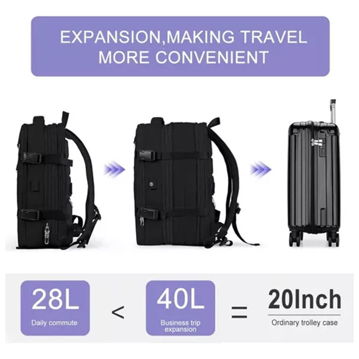 GENERICO - Mochila expandibleviaje multiuso impermeable cabina avión color negro.