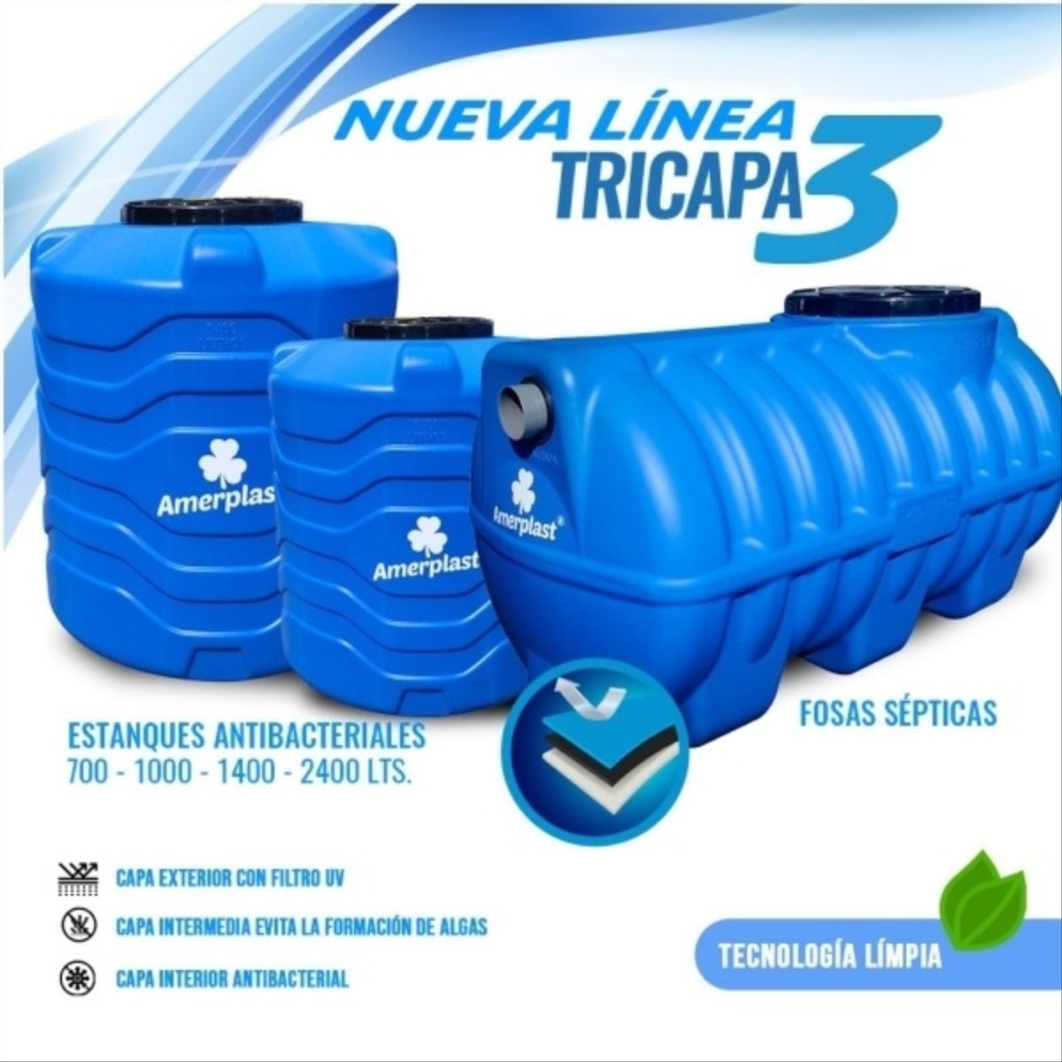 AMERPLAST - Fosa Septica Horizontal 2400 Litros Polietileno Tricapa