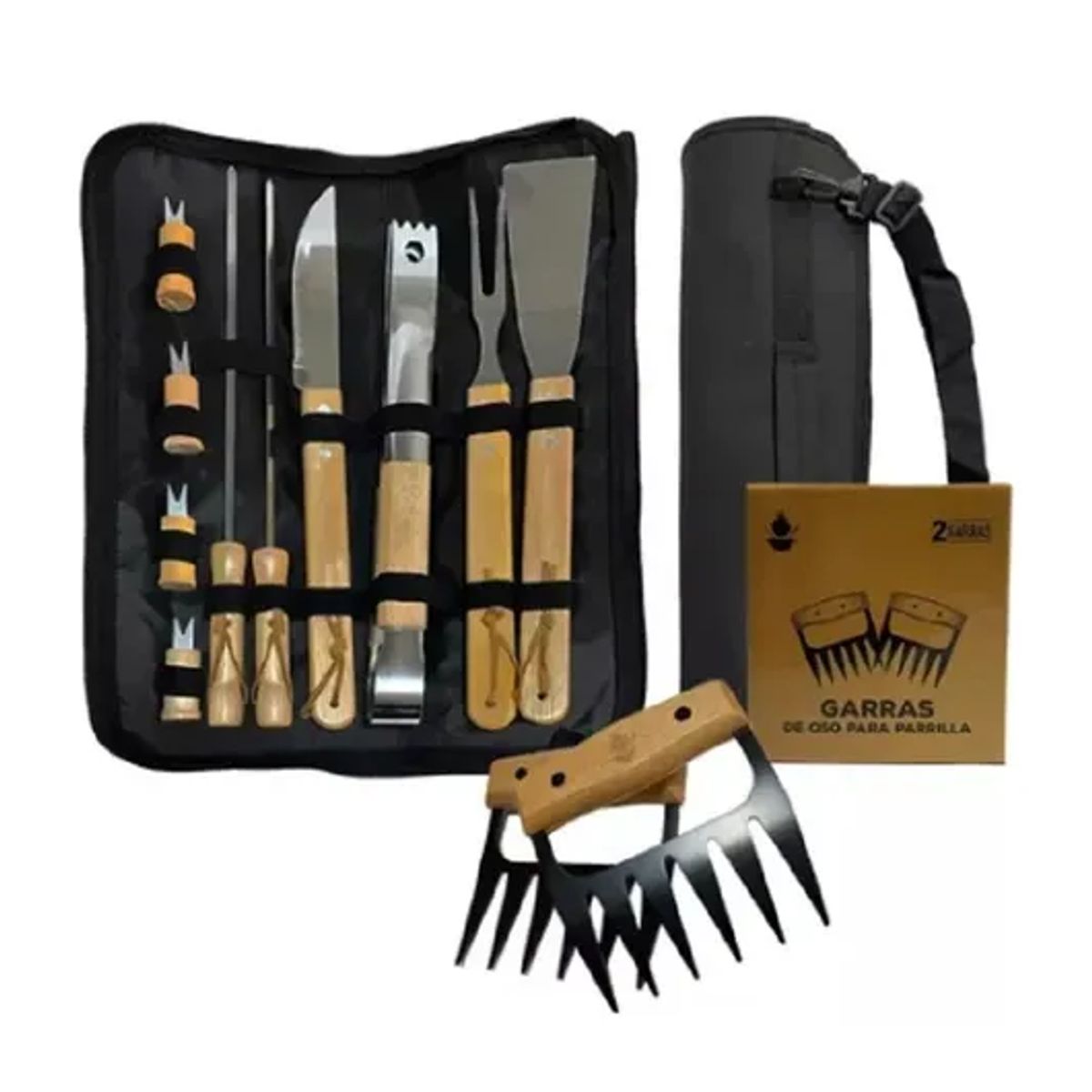 GENERICO - Pack de asado parrilla 10 uds + 2 garras de oso inox