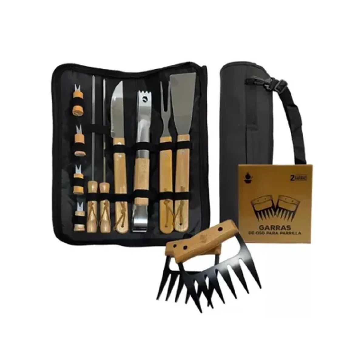 GENERICO - Pack de asado parrilla 10 uds + 2 garras de oso inox