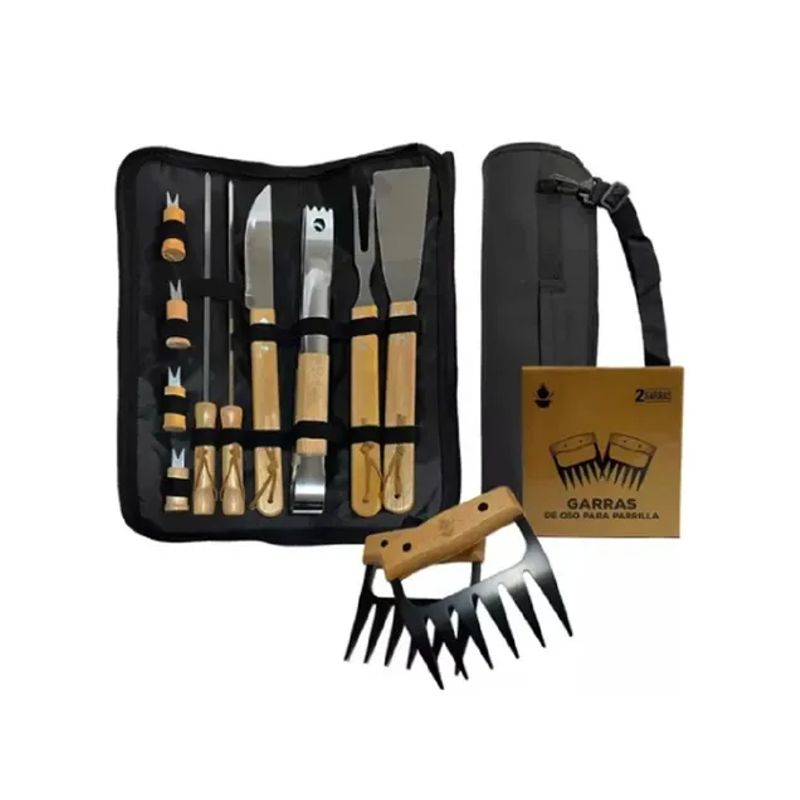GENERICO - Pack de asado parrilla 10 uds + 2 garras de oso inox