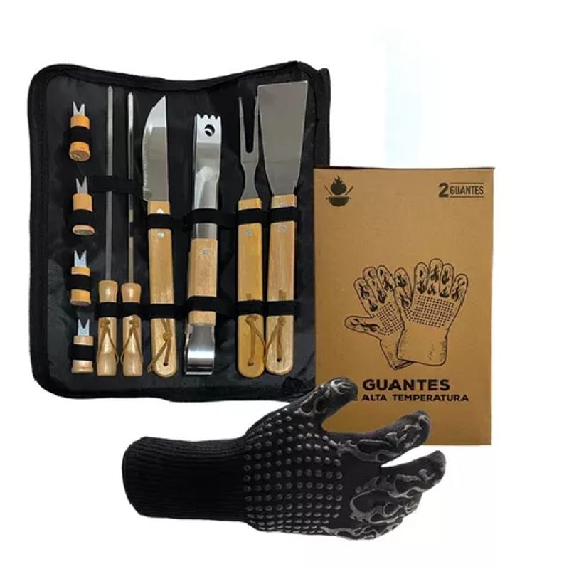 GENERICO - Pack de asado parrilla 10 uds + 2 guantes alta temperatura