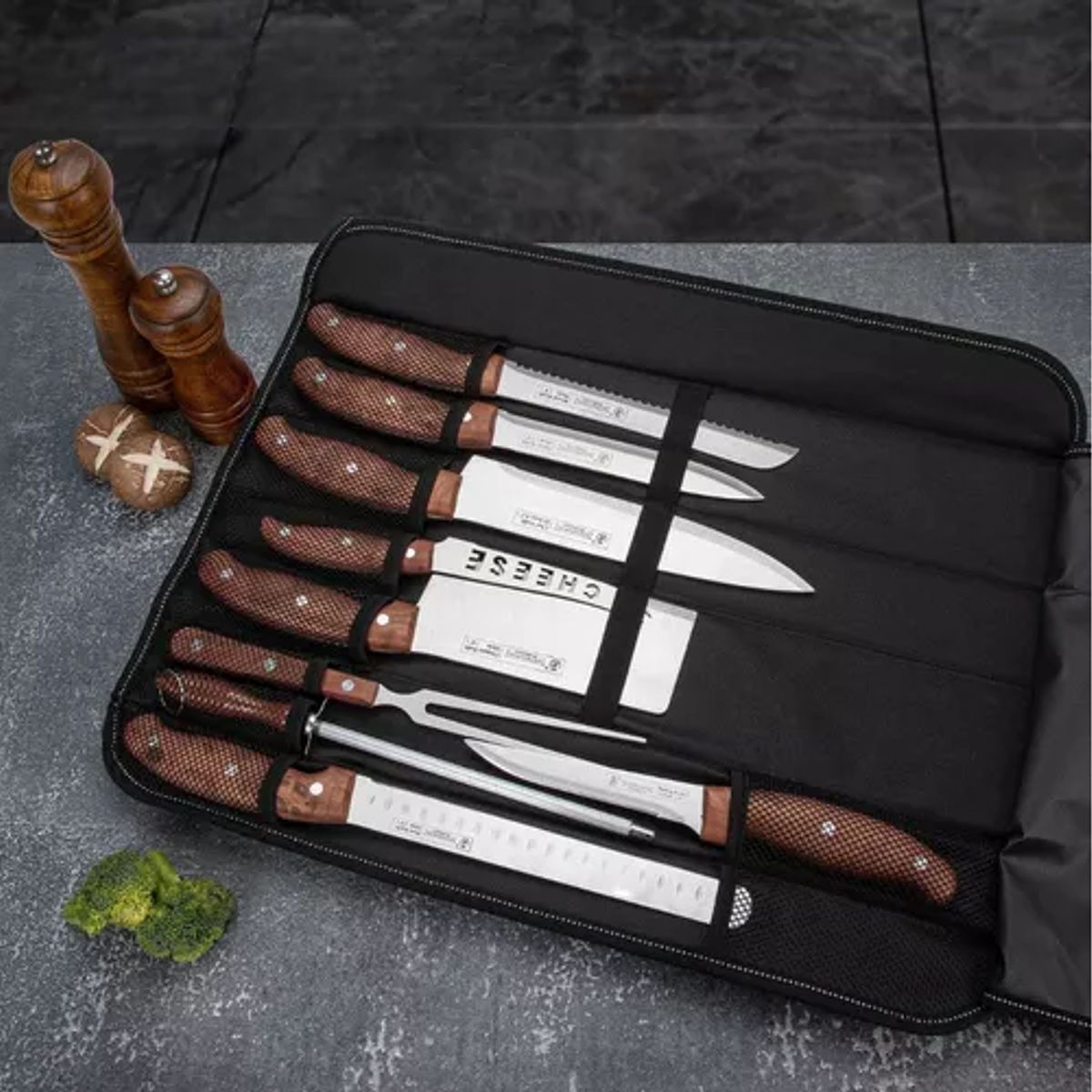 GENERICO - Set parrillero de cocina 9 cuchillos con bolso