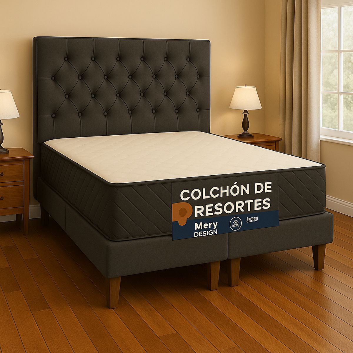 GENERICO - Cama 2 Plazas Capitone Gris Grafito Capitone+ Colchon 2P Mery Desing