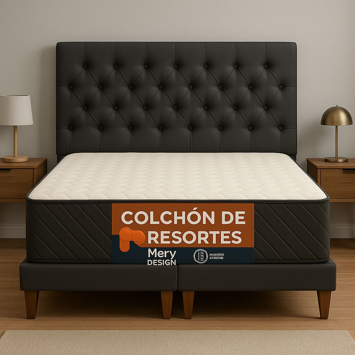 GENERICO - Cama 2 Plazas Capitone Gris Grafito Capitone+ Colchon 2P Mery Desing