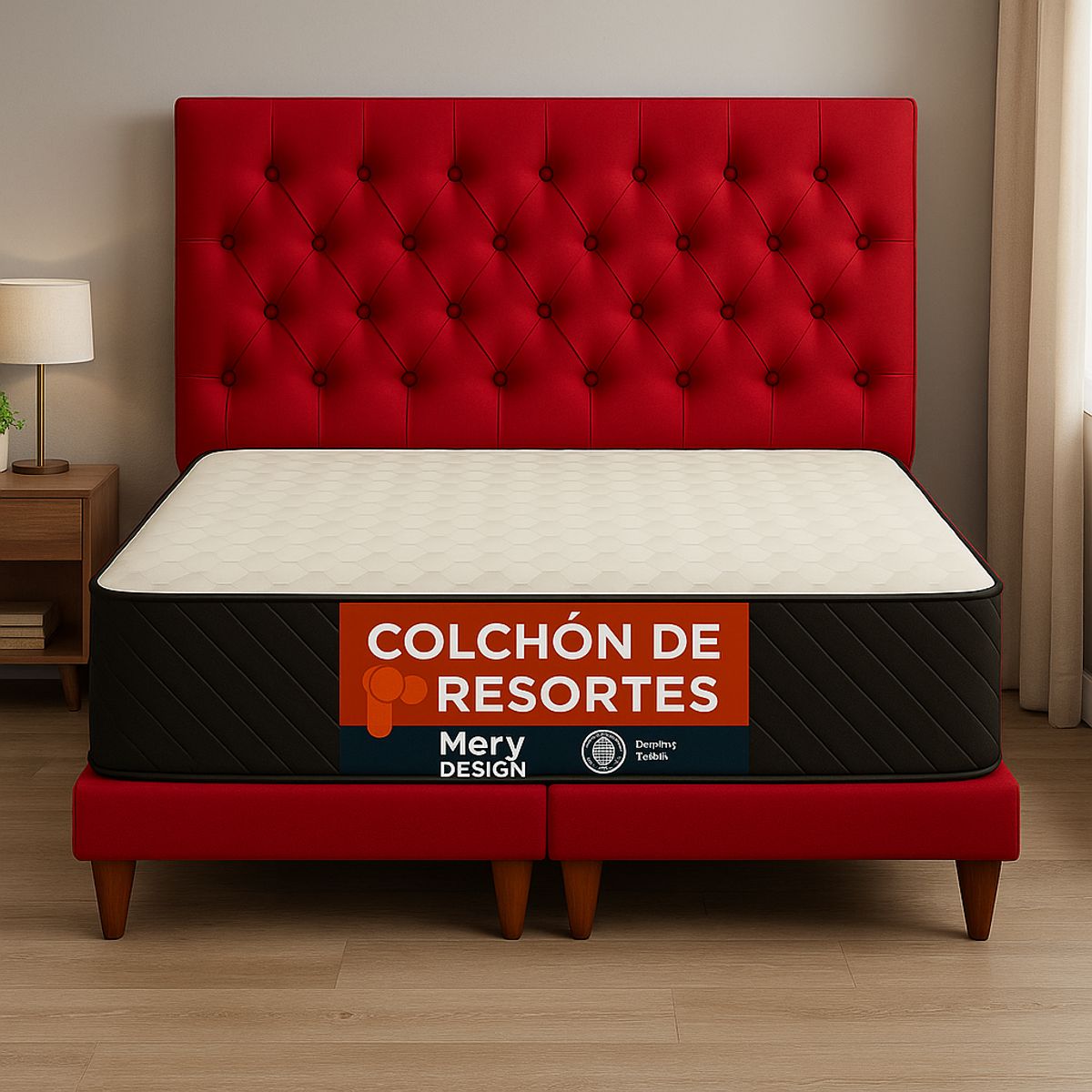 GENERICO - Cama 2 Plazas Capitone Rojo + Colchon 2P Mery Desing