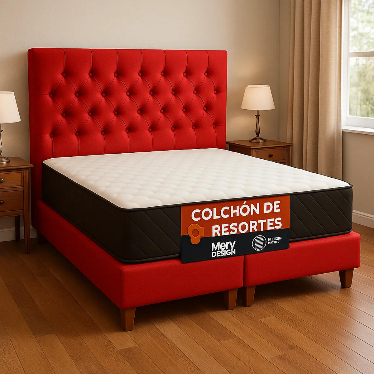 GENERICO - Cama 2 Plazas Capitone Rojo + Colchon 2P Mery Desing