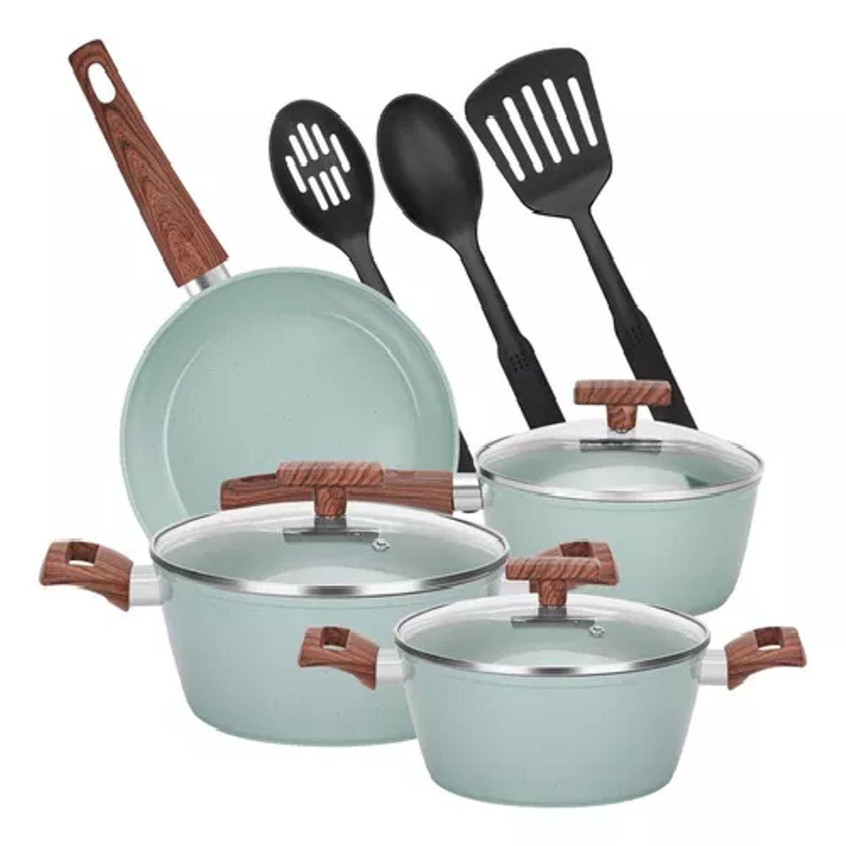 GENERICO - Batería cocina de 10 piezas antiadherente acabado granito verde claro