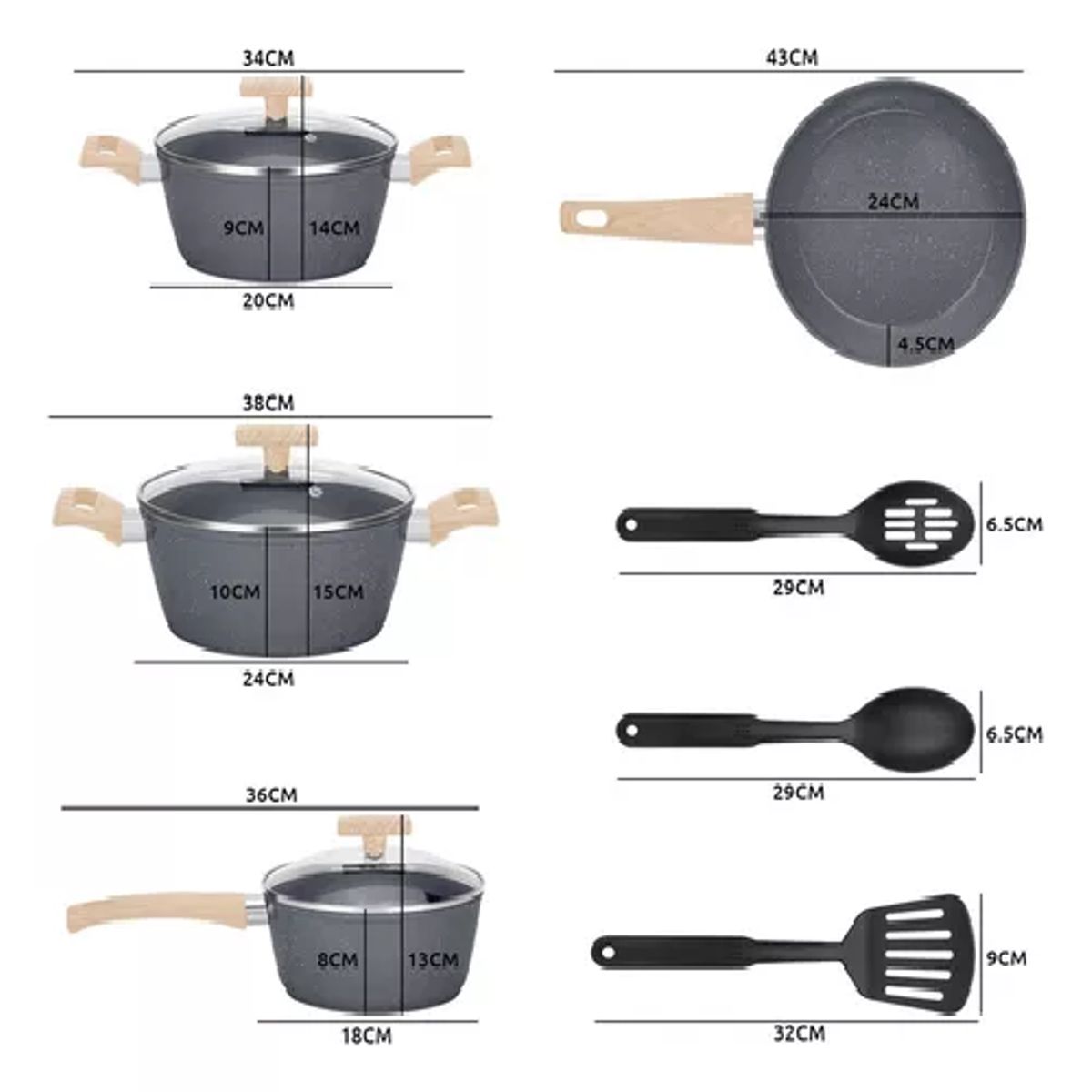 GENERICO - Batería cocina 10 piezas antiadherente acabado granito color negro