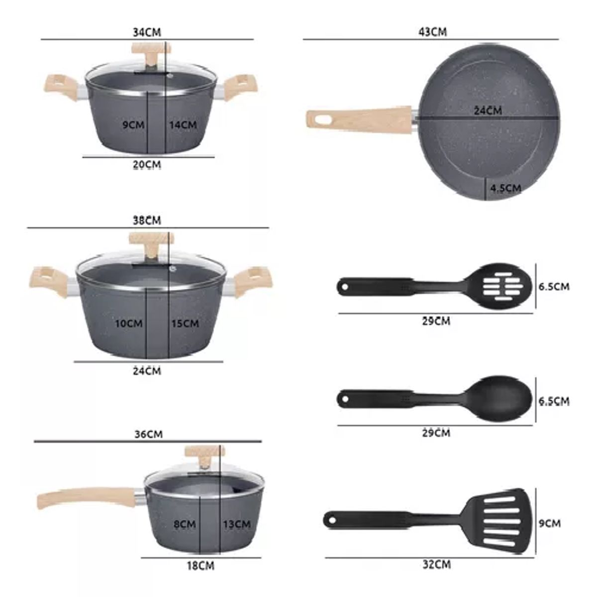 GENERICO - Batería cocina 10 piezas antiadherente acabado granito color negro