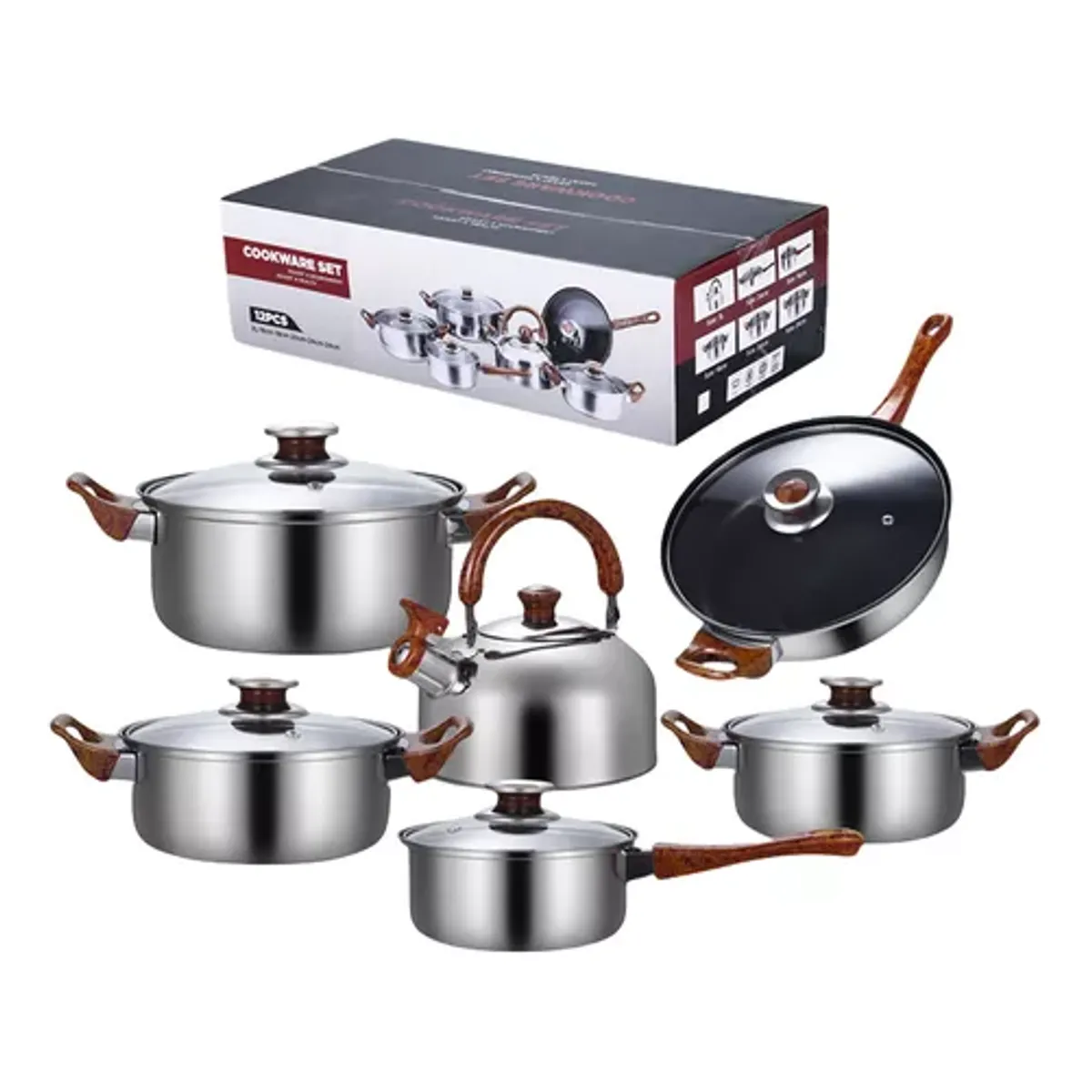 GENERICO - Set de 12 piezas ollas de acero inoxidable sartén antiadherente