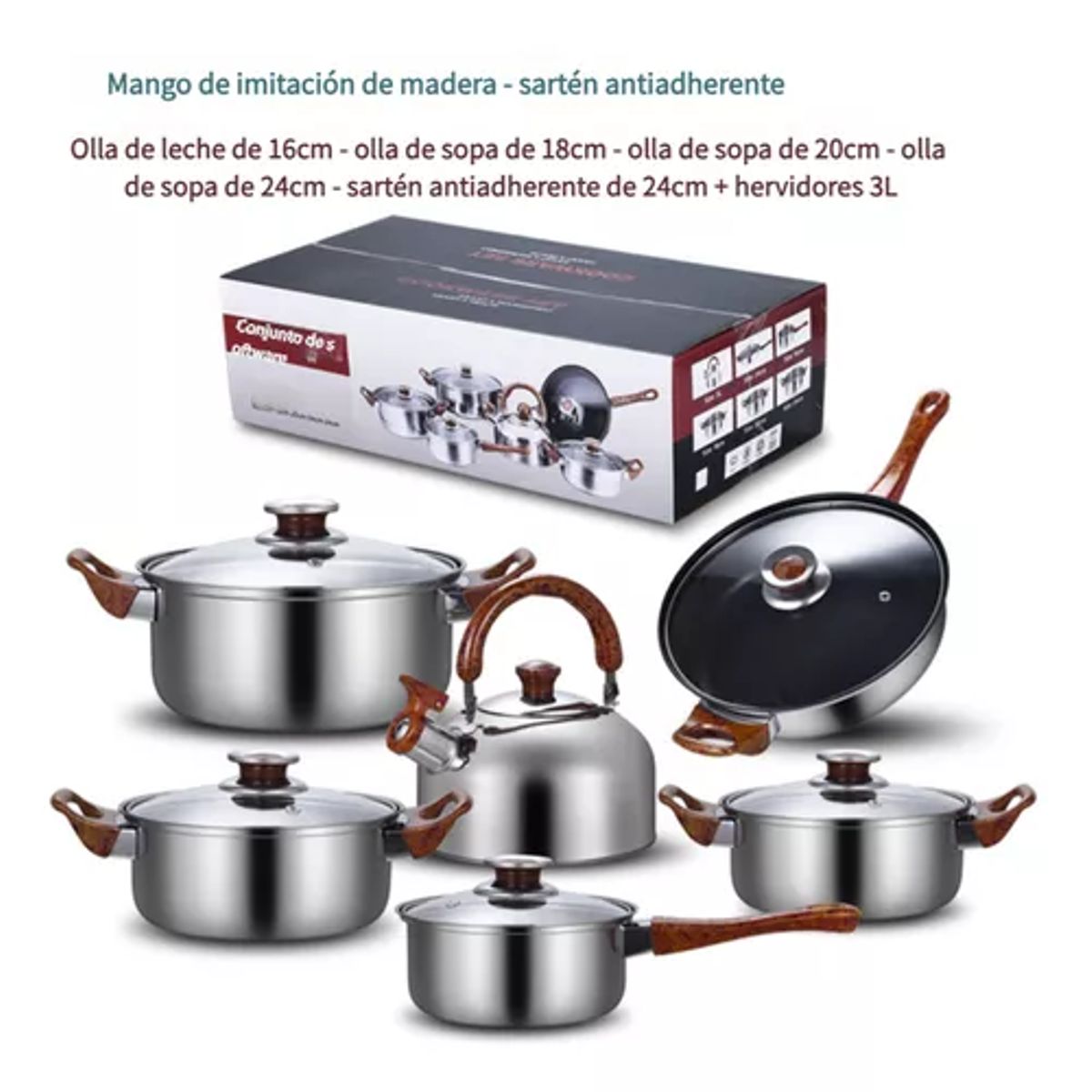 GENERICO - Set de 12 piezas ollas de acero inoxidable sartén antiadherente