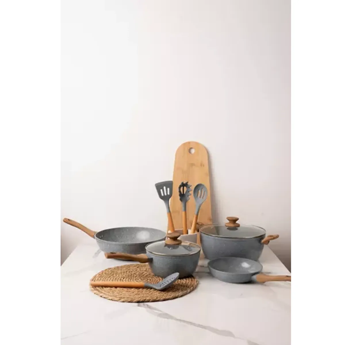 GENERICO - Batería de cocina de 10 piezas antiadherente cerámica marmolada