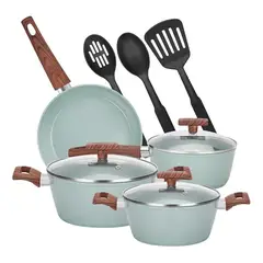 GENERICO - Batería de cocina de 10 piezas antiadherente granito color verde claro