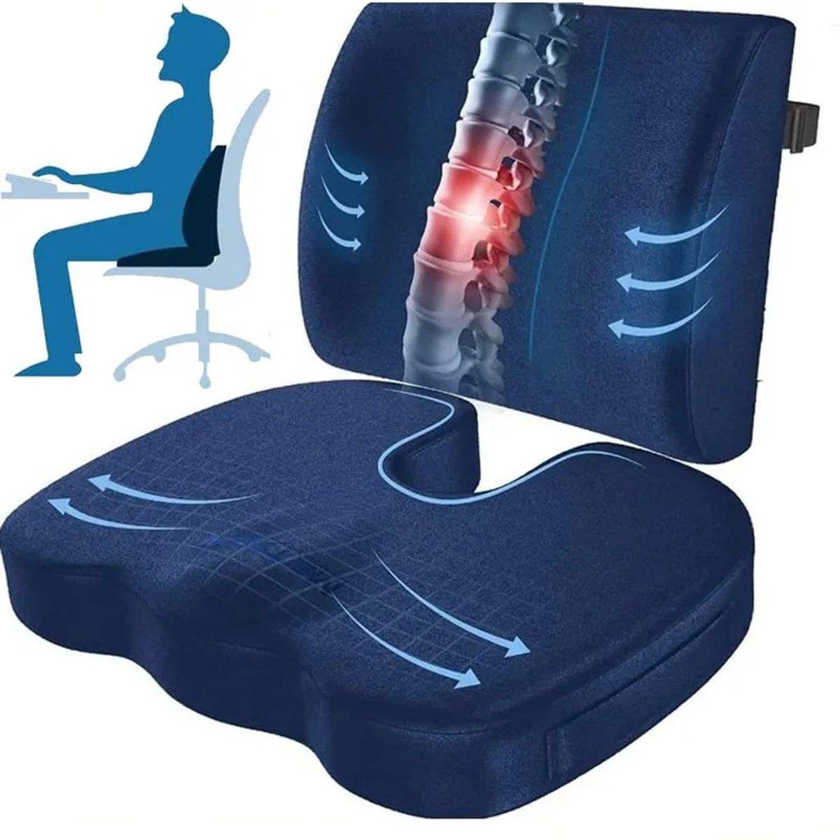 GENERICO - Cojin Lumbar Y Asiento Para Coxis y Ciatica Lumbar Azul