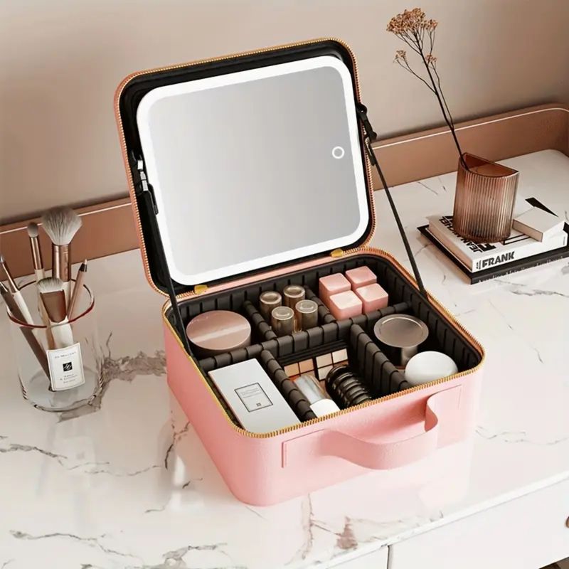 MOVI - Cosmetiquero Organizador con Espejo y Luz Led Color Rosado