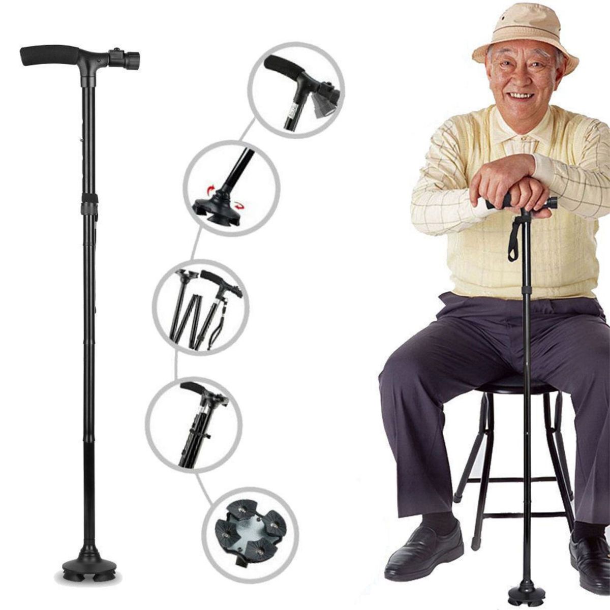 MOVI - Bastón Ortopédico Plegable Con Luz Led -Movilidad Segura y Confortable