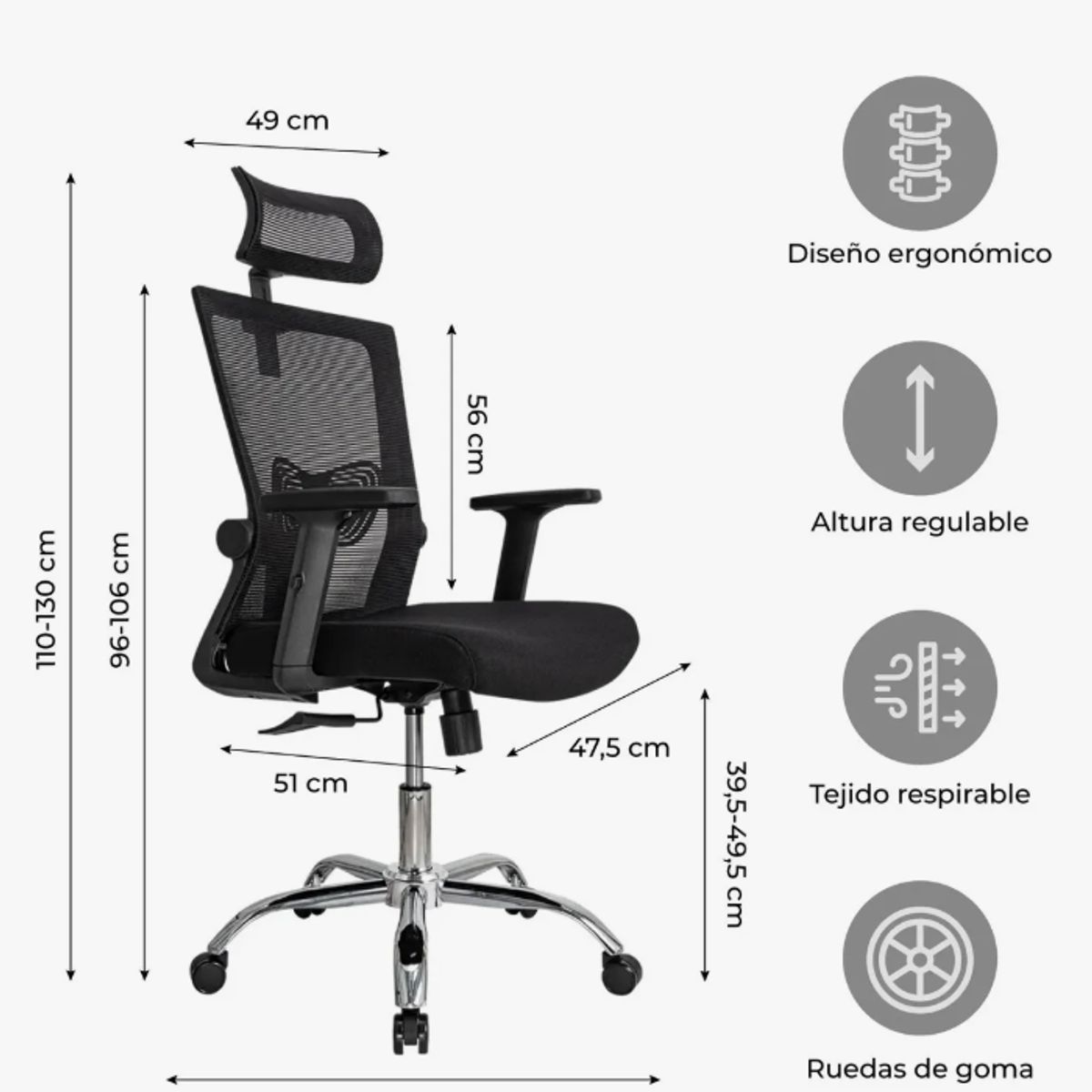 GENERICO - Silla de Escritorio Cuba Alta con Cabecero y Respaldo Ergonómico