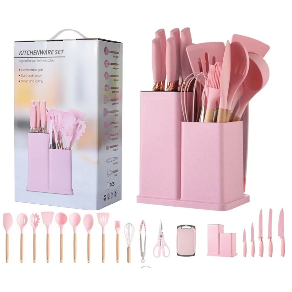 GENERICO - UTENSILIO DE COCINA ROSA DE SILICONA ANTIADHERENTE SET 19 PIEZAS