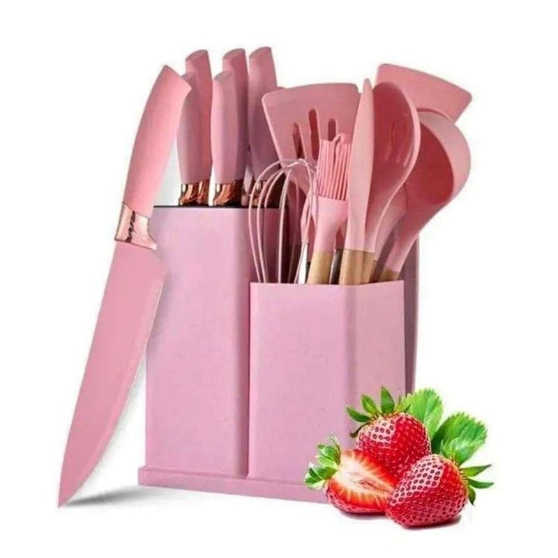 GENERICO - UTENSILIO SILICONA PARA COCINA ANTIADHERENTE ROSA SET 19 PIEZAS